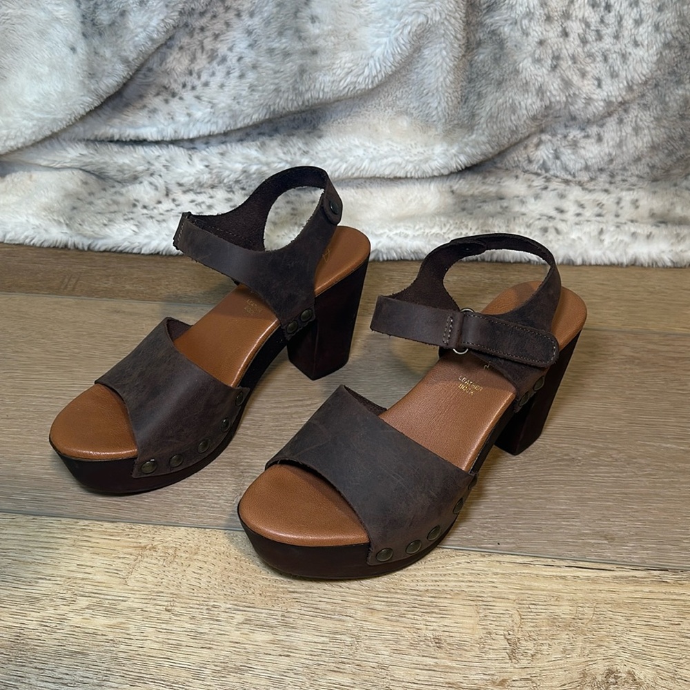 Avellini Womens Brown Nubuck‎ Leather Platform Clog Sandals Ankle Strap Size 39